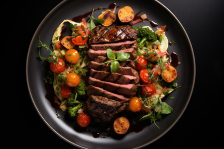 An elegantly presented sliced beef dish with colorful vegetablesの素材