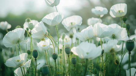 Elegant white poppies in soft focusの素材