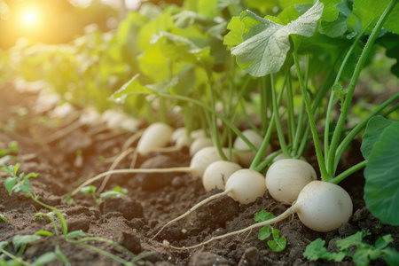 Freshly harvested white round radish in the garden background.の素材