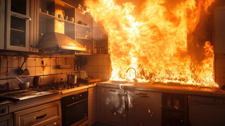 Intense flames consume a domestic kitchen, highlighting the dangers of fire in residential spaces and emergency safetyの素材