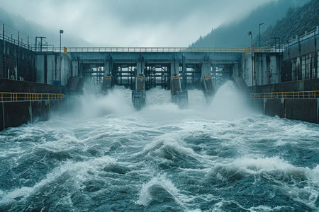 A hydroelectric dam is seen releasing a torrent of water, demonstrating sustainable energy generation and water managementの素材