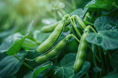 Lush green bean plants with mature pods ready for harvest against.の素材
