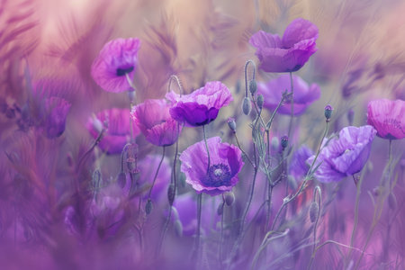 Purple poppy blossoms in a fieldの素材