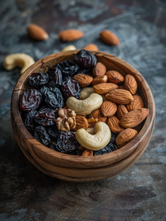 Mixed nuts and dried fruits in wooden bowl on wooden background. Healthy snack, mix of organic nuts and dry fruitsの素材