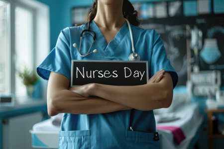 Nurse holding a sign that reads Nurses Day, signifying appreciation for healthcare professionalsの素材