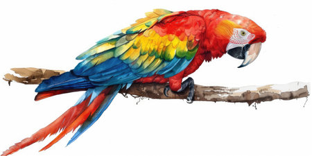 Scarlet macaw perched on a tree branch set against an artistic, colorful tropical backgroundの素材