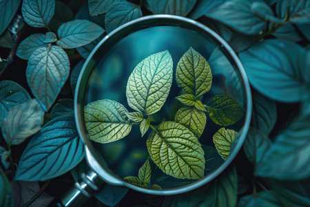 Magnifying glass over autumn leafの素材