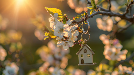 House keychain hanging from blooming branchの素材