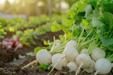 Freshly harvested white round radish in the garden background.の素材