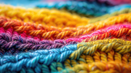 Multicolored knitted fabric showcasing a variety of vibrant yarns and intricate texturesの素材