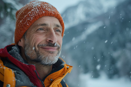 Mature man smiling in snowy mountain sceneryの素材