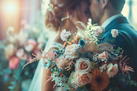 Focus on a beautiful wedding bouquet with a newlywed couple sharing a kiss in the backgroundの素材
