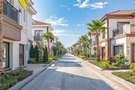 Luxury contemporary homes in suburban neighborhood with drivewayの素材