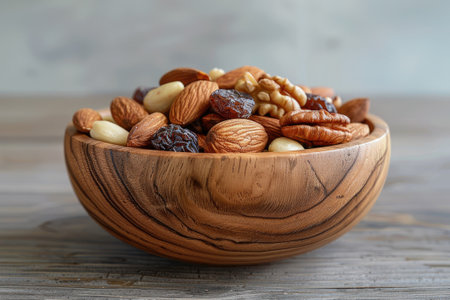 Mixed nuts and dried fruits in wooden bowl on wooden background. Healthy snack, mix of organic nuts and dry fruitsの素材