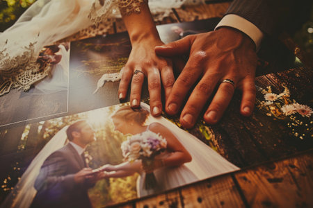 Hands on wedding photos with ringsの素材