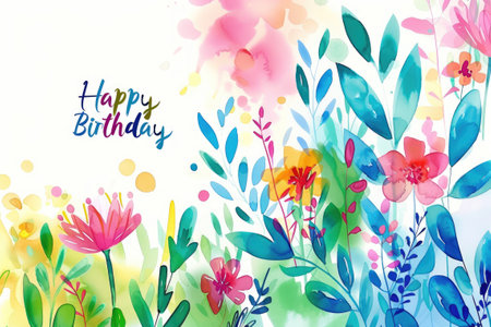 A brightly colored floral Happy Birthday greeting card with elegant typography surrounded by a beautiful flower designの素材