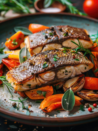 Grilled fish fillet with vegetables on a plate.の素材