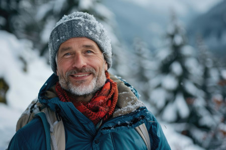 Mature man smiling in snowy mountain sceneryの素材