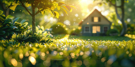Idyllic home amid lush garden at sunriseの素材