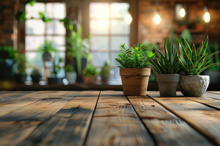 Wooden table top with pot plants blurred background for productsの素材