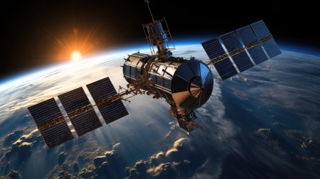 Satellite orbiting over Earth in spaceの素材