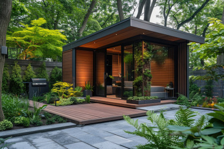 Modern backyard shed with a flat roof and surrounded by greeneryの素材