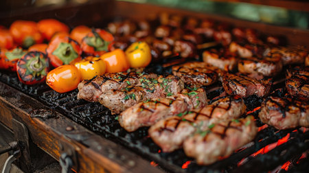 Juicy steaks and vegetables grilling over a hot BBQの素材