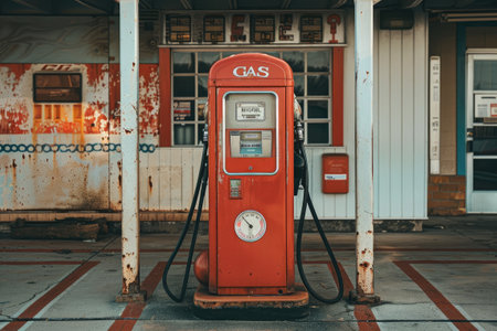 An antique red gas station pump with rust and peeling paint, showcasing a bygone era in automotive historyの素材