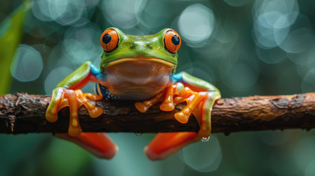 A striking image of a vividly colored tree frog perched confidently on a branchの素材