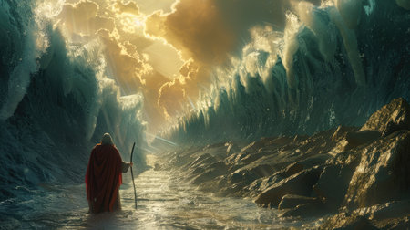 Moses parting the Red Sea, with towering walls of water on either side and a path emerging through the sea bed.の素材