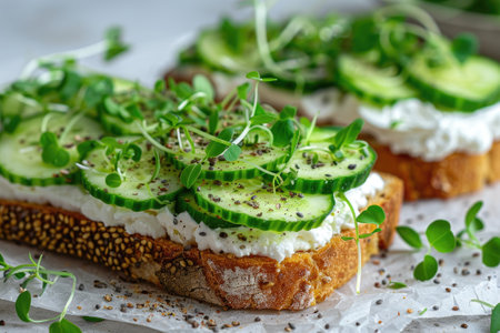 Fresh open-faced sandwiches topped with cucumber, cream cheese, and microgreens.の素材