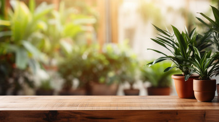 Wooden table top with pot plants blurred background for productsの素材