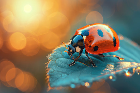 Close-up of a bright red ladybug with detailed spots on a leaf with morning dew reflecting lightの素材