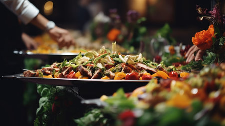 Catering buffet food indoor in restaurant with grilled meat. Buffet service for any festive event, party or wedding reception.の素材