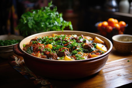 Hearty beef stew with vegetables and herbsの素材