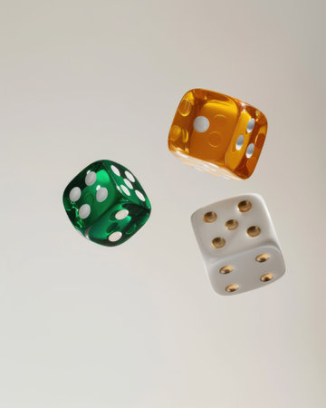 Three colorful translucent dice captured in mid-air against a white background showing different numbersの素材