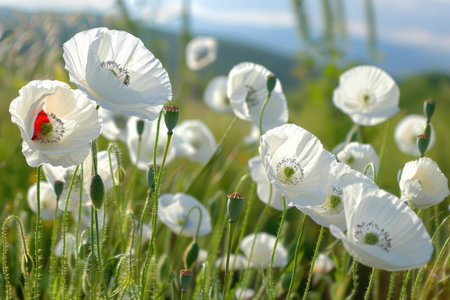 Elegant white poppies in soft focusの素材
