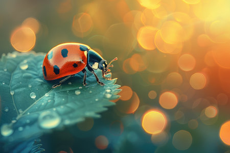 Close-up of a bright red ladybug with detailed spots on a leaf with morning dew reflecting lightの素材