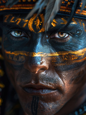 Face of an Aztec warrior on a black backgroundの素材