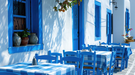 Greek culture with traditional white and blue greek architecture, taverna.の素材