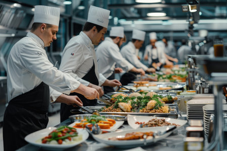 A bustling catering event, with chefs preparing exquisite dishes in an open kitchen. Catering buffet food indoor in restaurantの素材