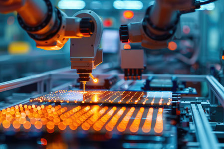 Robotic manufacturing of semiconductors and computer chips from silicon wafers. Modern technology conceptの素材