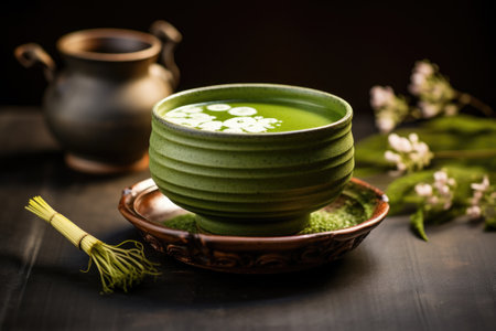 Japanese matcha green tea. Japanese matcha green powdered tea served in matcha bowlの素材