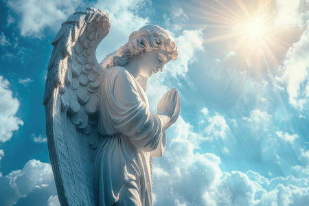 Angel statue against a sunny skyの素材