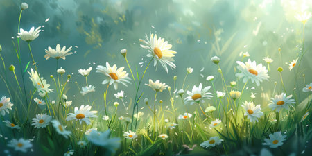 Meadow with lots of white spring daisy flowersの素材
