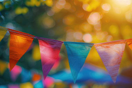 Festive colorful bunting flags strung across in golden hour sunlight creating a joyful atmosphereの素材