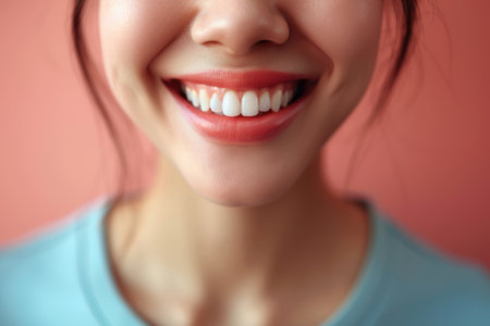 Close-up of a woman's lower face blurred for anonymity, wearing a blue shirt against a red backgroundの素材