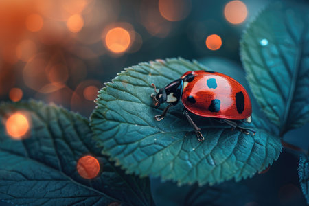 Close-up of a bright red ladybug with detailed spots on a leaf with morning dew reflecting lightの素材