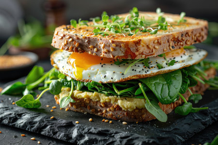 Sandwich with avocado egg spinach microgreens and sesameの素材