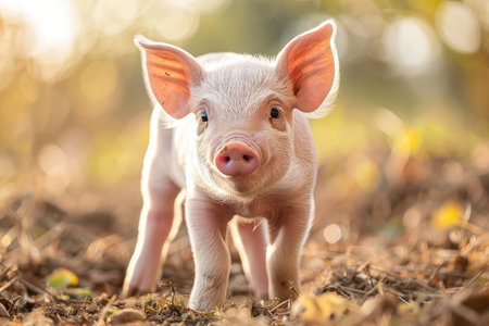 Cute piglet in farm. Happy and healthy little pig. Livestock farming.の素材